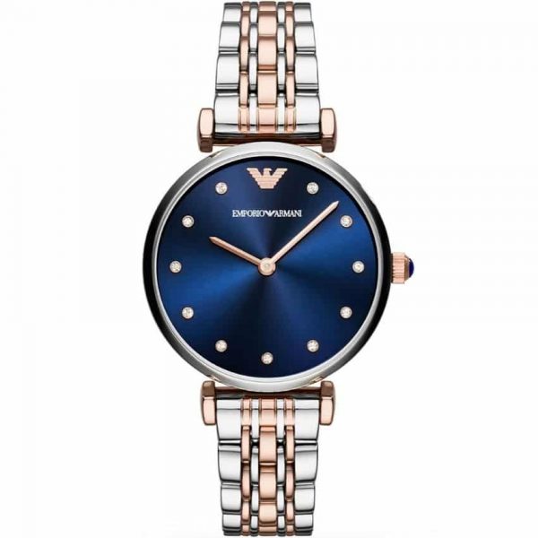 Emporio Armani AR11092 has silver and rose-gold links, stainless steel bracelet purple dial. Stylish and in fashion.