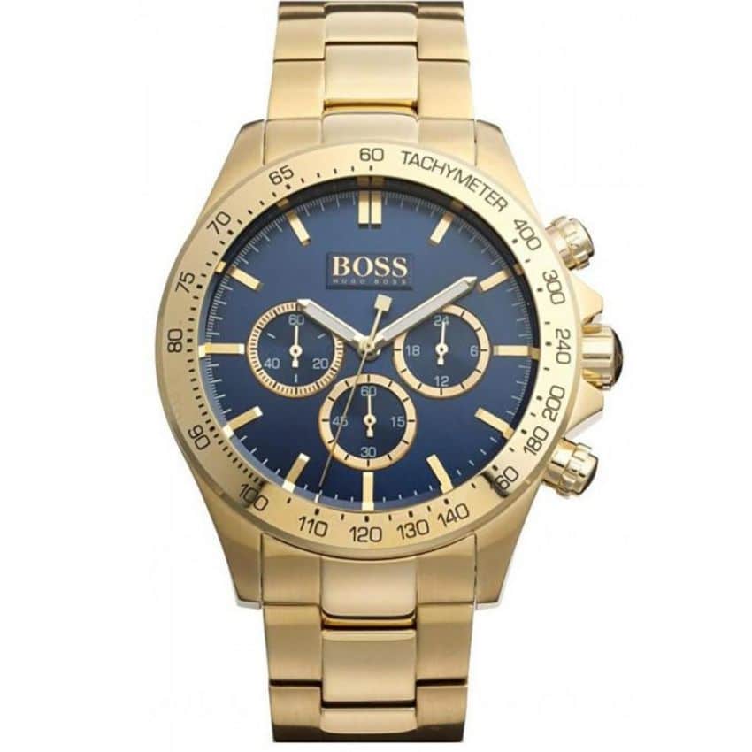 Hugo Boss Gold Men's Chronograph Watch HB1513340 has a gold stainless steel bracelet strap and blue dial with gold hands. Shop now.